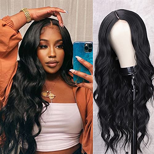 Iciwueen Long Black Wigs for Women, 24 Inch Natural Wavy Curly Middle Part Wigs, Heat Resistant Synthetic Fiber Wig for Daily Party Wear