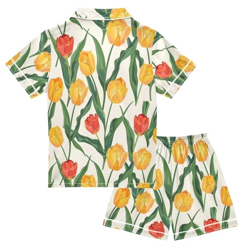 ALAZA Red Yellow Tulip Blossom Pajamas Satin Pajama Set Short Sleeve Button Down Sleepwear2