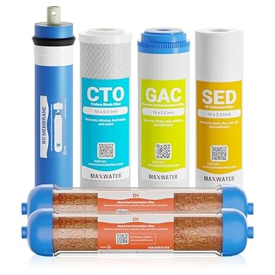 Max Water 6 Stage Reverse Osmosis Dual RODI Water Filter Replacement Kit for Aquarium -1 Micron Polypropylene Sediment, GAC, CTO Carbon, 2X Mixed Bed DI & 100 GPD RO Membrane