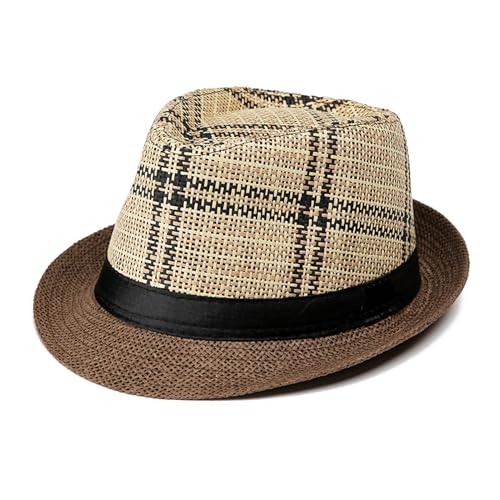 Lisianthus Short Brim Fedora Hats Summer Beach Panama Trilby Hat for Men & Women Stripe Coffee