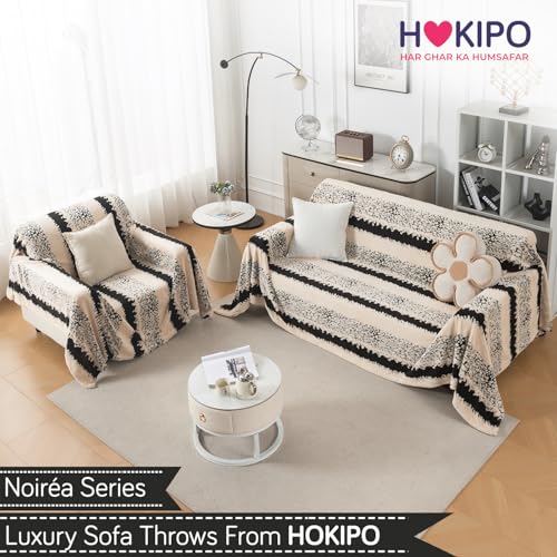 Image of HOKIPO Luxury Plush Sofa Cover Throw for 1 Seater Sofa | Soft Sofa Throw for Complete Sofa Protection, 'Noirea Series' Textured Stripe (180x180 cm) (AR-6651-D2)