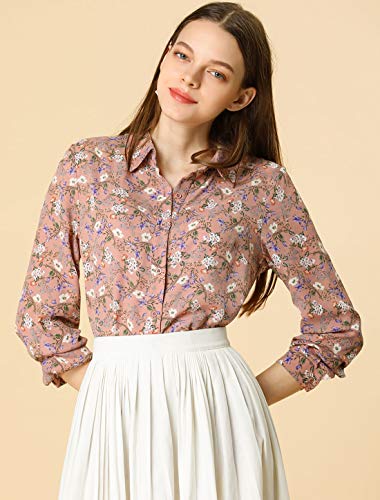 Allegra K Women's Button Down Floral Shirt Blouse Long Sleeve Point Collar Button Up Shirts Top Medium Pink