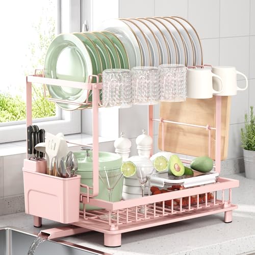 Nfnoyp Multifunctional Dish Drying Rack - Rustproof, 2-Tier Dish Racks with Drainboard, Space-Saving Design, Utensil & Cup Holder for Kitchen Counter, Pink