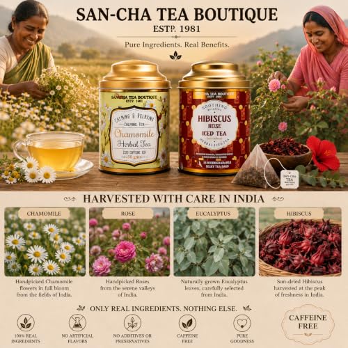 Image of Sancha Tea Boutique, Tea Combo Pack: Chamomile Herbal (50g) & Hibiscus Rose Iced (15 Pyramid Bags), Caffeine-Free Herbal Tisanes, No Added Sugar, Refreshing Floral Iced Drink