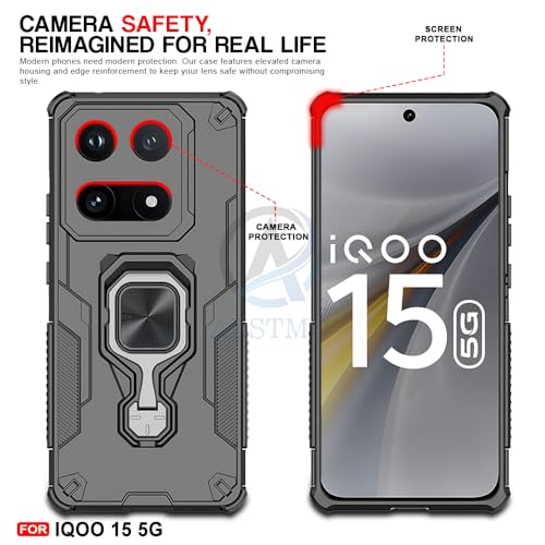 Image of AESTMO Armor Back Cover for iQOO 15 5G | Ring Holder & Kickstand & Camera Protection in-Built | 360 Degree Protection Back Case Cover (Black)