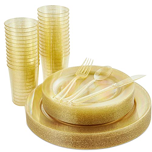 Vplus 150pcs Gold Plastic Plates with Disposable Plastic Silverware&Gold Cups- Gold Glitter Design includes 25 Dinner Plates,25 Salad Plates,25 Forks, 25 Knives, 25 Spoons& 10oz Plastic Cups(Goldï¼‰