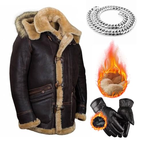 Chaqueta Piloto De Piel De Oveja Cuero PU, Chaqueta con Capucha Extraíble De Cuero Cálido De Invierno para Hombres, Abrigo De Invierno para Hombres Ropa De Abrigo Larga (Set-1,XL)