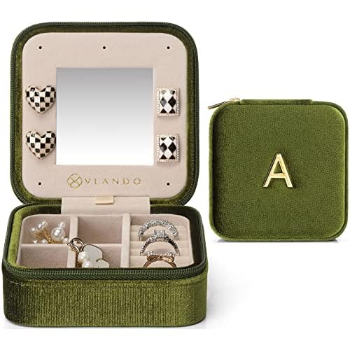 Vlando Plush Velvet Travel Jewelry Case, Personalized Initial Jewelry Boxes for Women Girls, Mini Jewelry Travel Organizer Travel Essentials for Birthday Gifts - Letter J, Green Green J