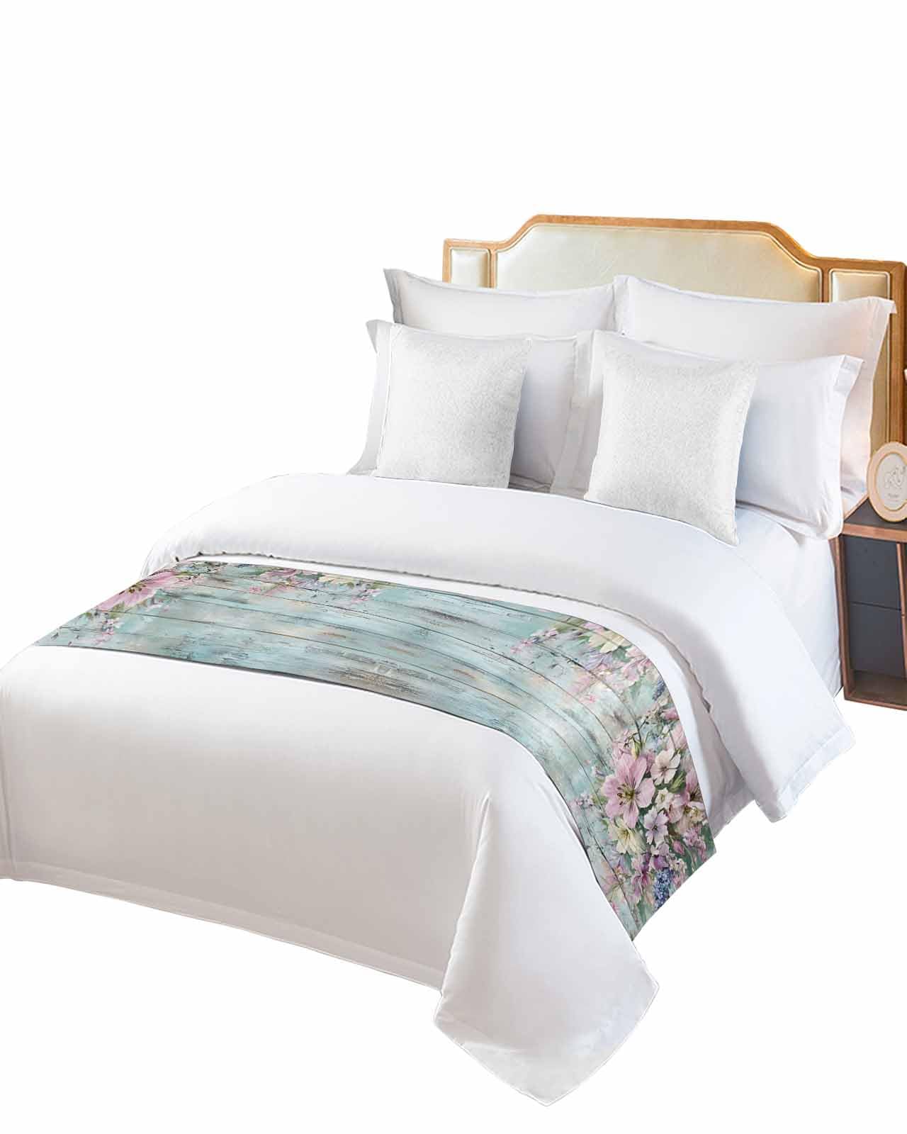 Bed Runner for Twin Size, Pink Flower Decorative Scarf Throws for Foot of Bed, Lavender Leaves Blue Board Pastoral Retro Luxury Bedding Protector Slipcover Beds Runners for Hotel/Home, 71 x 20 Inch