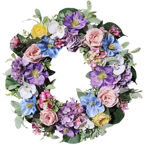 24 Inch Spring Summer Wreaths for Front Door, Spring Summer Door Wreaths, Artifical Floral Flowers Wreath with Purple Hydrangea,Pink Rose,Blue Tulip,Large Wreaths for Spring Summer Outdoor Home Decor Cover