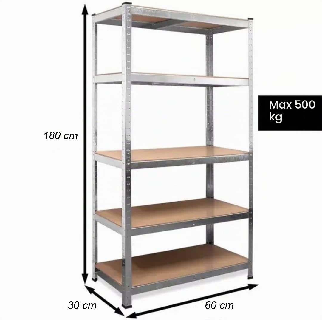 AERREGI 180X60X30 Scaffale in metallo 5 ripiani per carichi pesanti zincato con 100kg capacità di carico/ per garage per ripostiglio o officina