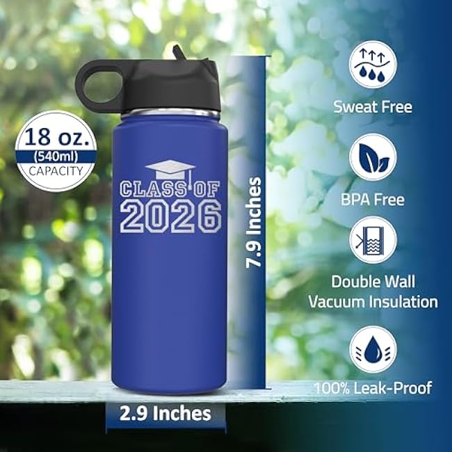 Class of 2026 Senior Grad Insulated Stainless Steel Water Bottle with Flip Top Lid & Straw Graduation Gift Tumbler 18 oz. (R. Blue)