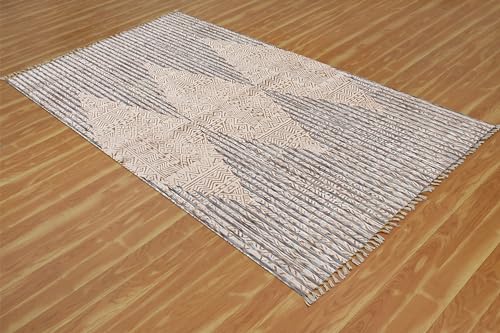 Tapis carré à rayures en coton beige et bleu lavable pour grand salon et couloir