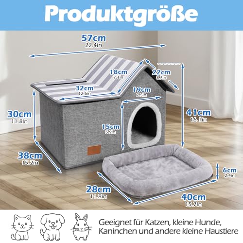 Eukue Katzenhaus, Warm Katzenhöhle Outdoor, Abnehmbar Hundehütte mit Waschbarem Kissen und Plattform, Katzenhöhle für Draußen, Katzenhaus Höhle für Kleine und Mittlere Haustiere, Grau