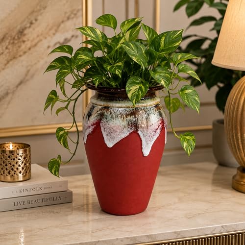 Image of Ceramic Flower Pots for Garden | Big Size Planters for Home Decor, Living Room, Balcony & Office | Multi Utility Vase Gamla for Indoor Outdoor Plants (Hand-Painted, Red, 10 Inch)