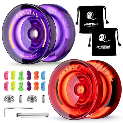 Image of MAGICYOYO K2 Crystal Responsive Yoyos for Kids 8-12, Unresponsive Yoyo Pack with Finger Spin Function, Professional Yo yo with Bearing Kit, 12 Yo-yo Strings+2 Sacks (Red+Purple)