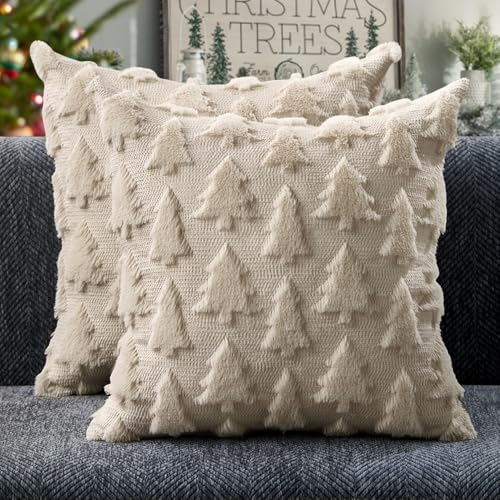 DFXSZ Christmas Tree Pillow Covers 18x18 inch Set of 2 Christmas Decoration Beige Soft Plush Faux Fur Jacquard Throw Pillows for Bedroom Sofa Holiday Festivals Winter Home Decor PTK006C18