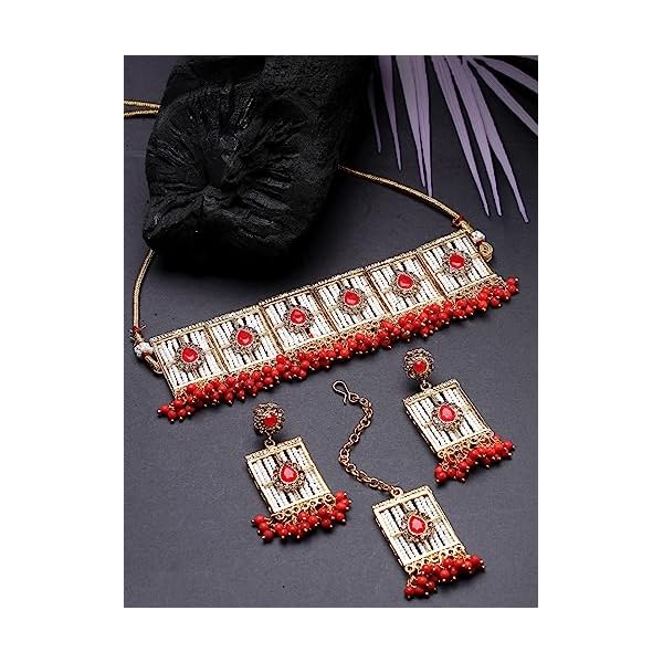 Sukkhi Beautiful Squared Shaped White Beads Studded With Gold Plated Choker Necklace Set For Women - Image 5