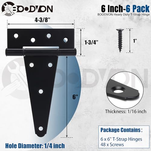 BOODVON 6 Inch T-Strap Gate Hinges, Shed Barn Door Hinges Heavy Duty, Black Tee Hinges for Wooden Fences, Yard Gate, Wrought Hardware Iron Rustproof (6Pack/Set) by BOODVON - Image 2