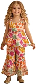 A.T.U.N. (ALL THINGS UBER NICE) Stylish Printed Cotton Peplum Sharara Set for Girls | Tie-Up Straps Price In India