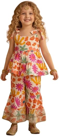 A.T.U.N. (ALL THINGS UBER NICE) Stylish Printed Cotton Peplum Sharara Set for Girls | Tie-Up Straps