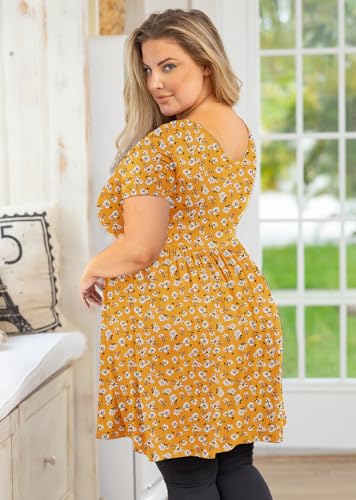 AusLook Plus Size Womens Summer Tops Yellow Celosia 3X Tunic Short Sleeve Blouses Scoop Neck Clothing Pleated Tee Ladies Clothes Flowy Casual Dress Loose Fit Outfits Maternity Babydoll T Shirts — view 4