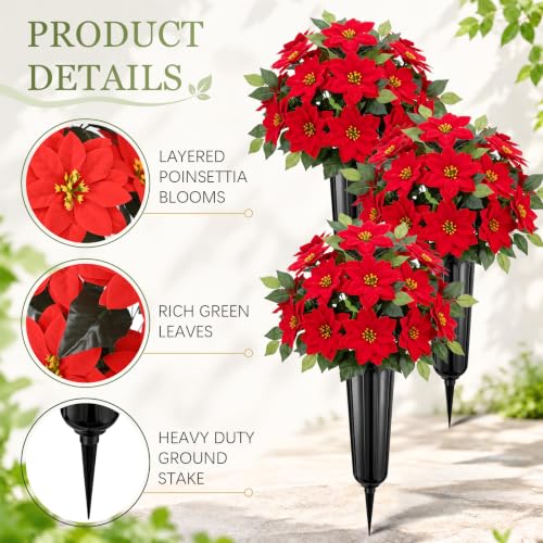 Image of 4 Set Christmas Poinsettia Artificial Cemetery Flower with Vase