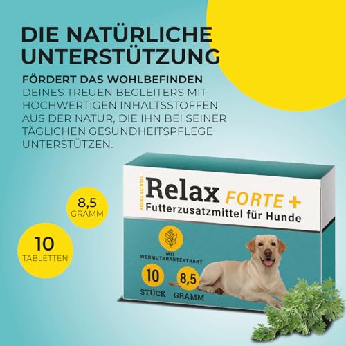 ADEMA NATURAL® Relax Forte+ – Beruhigungsmittel für Hunde Alternative - Natürlicher Futterzusatz bei Stress & Unruhe – Unterstützt Entspannung bei Reisen, Silvester & im Alltag - 10 Tabletten