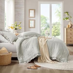 Gray Ruffle Bedding Set, Shabby Chic Farmhouse Queen Size Comforter, Boho Fluffy Cozy Washed Microfiber Full Bed Sets, 3 Piece with Ruffled Pillow Shams Gray Ruffle Bedding Set Shabby Chic Farmhouse Queen Size Comforter Boho Fluffy Cozy Washed Microfiber Full Bed Sets 3 Piece with Ruffled Pillow Shams