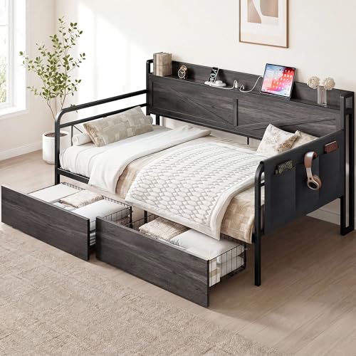Image of LIKIMIO Twin Daybed with Farmhouse Storage Headboard | Day Bed with 2 Storage Drawers, Side Pocket, Built-in Charging Station, Charcoal Grey