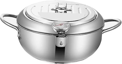 Olla de acero inoxidable, sartén de aceite con termómetro, freidora de fondo plano desmontable de 7.9 in9.4 in para anillos de calamar perfectos,