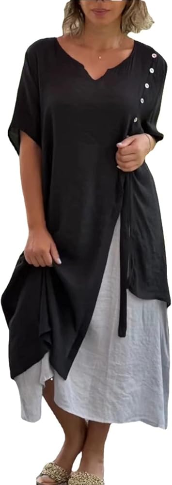 ZOCANIA Flowy Asymmetrical Layered Gauze Dress Womens Loose Linen Dress  Women Linen Shirt Dress Casual Linen Tunic Dress Linen Maxi Dress Flowy  Asymmetrical Layered Gauze Dress Spring Dress Black S at Amazon
