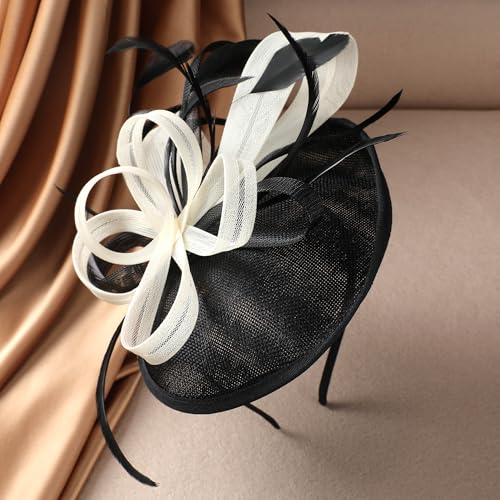 Zinniday Black Feather Fascinators Headband - Kentucky 1920s 50s Mini Elegant Black Derby Hat 2025 Mesh White Victoria Tea Party Headband Church Veil Headwear for Women Carnival Halloween - Thumbnail 3