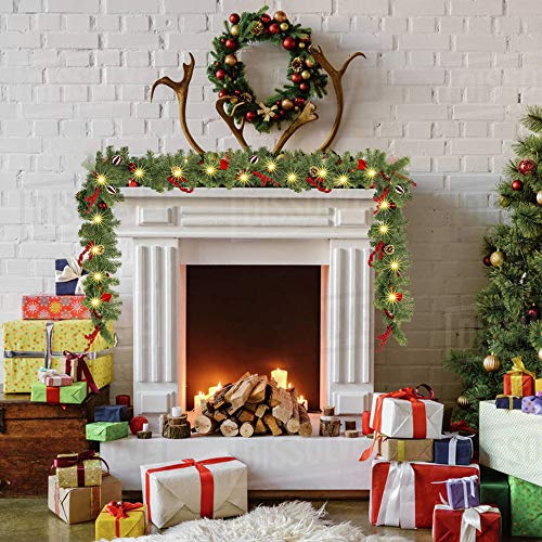 Funpeny Christmas Artificial Garland With 50 Led Light, 9 Ft Christmas Pinecone Wreath Flocked With Mixed Decorations, Crestwood Spruce For Front Door Decoration And Christmas Party #TOP1