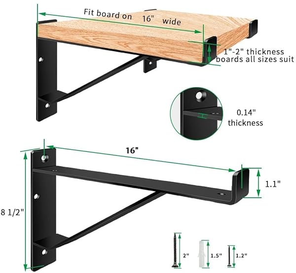 Heavy Duty Shelf Brackets 16 inch, Industrial Wall Brackets with Lip Metal Storage Brackets Outdoor/Indoor Include Screws 2 Pack Black by Homydom - Image 2