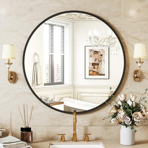 Image of Sweetcrispy 24 Inch Round Wall Mirror with Tempered Glass, Bathroom Mirror Over Sink, Anti-Fog & Waterproof Round Mirror for Bathroom, Entryway, Bedroom, Shatterproof Design, Black