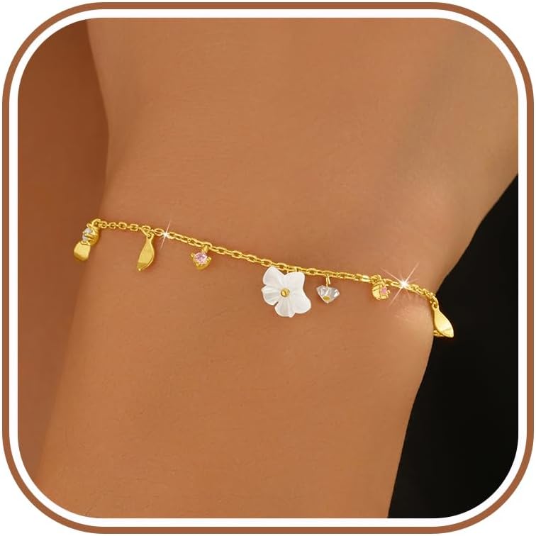 LOVECOM 925 Serling Silver Flower Leaf Bracelets for Women Daughter 14K Gold Plated Hibiscus Floral with Cubic Zirconia Charm Bracelet Cute Crystal Leaves Chain Motherers Jewelry Gifts