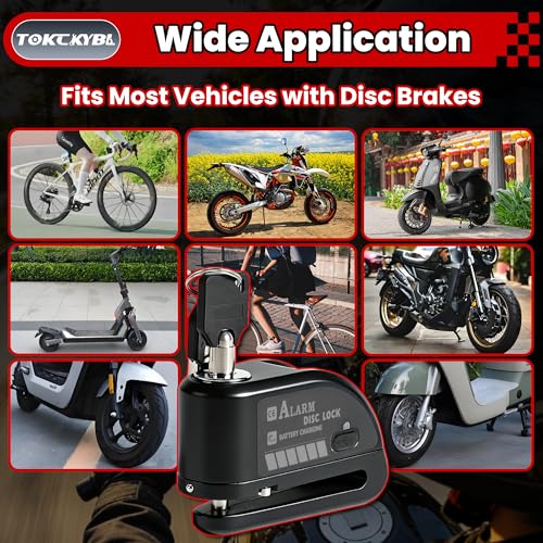TOKCKYBL Rechargeable Motorcycle Disc Lock with 120dB Alarm, 5FT Reminder Cable with Anti-Theft Helmet Lock Cable, IP67 Waterproof, Universal Fit for Motorcycle Bike Scooter Ebike