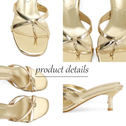 Image of Dsevht Gold Kitten Heel Sandals for Women Flip Flop Strappy Mule heels Rounded Open Toe Heeled Thong Sandals Women