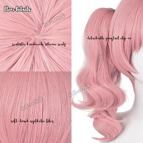 Image of Half and Half Short Pink Curly Anime Ponytail Wig Deep Pink Wave Twin Tails Lolita Wigs with Bangs for Karuta Roromiya Cosplay Women Halloween Party Daily
