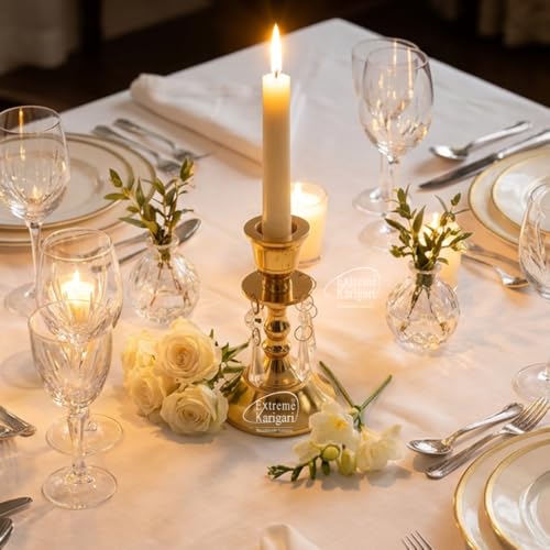 Image of Aluminum Taper Candle Stand with Hanging Crystal Drops | 5 inch Height | Wedding, Dining Table & Home Decor Centerpiece | 5inch