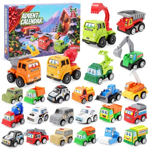 Christmas Advent Calendar for Kids, 24 Pcs Cartoon Pull Back Cars, Vehicle Countdown Gift Set, Birthday & Xmas Presents for Boys Girls Ages 3+