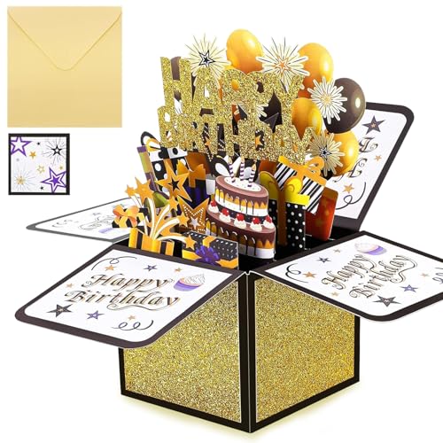 Tarjeta de cumpleaños, Tarjeta de cumpleaños 3D Pop Up Happy Birthday, Tarjeta plegable hecha a mano con sobre, Regalo de cumpleaños para esposa, novia, hombres y amigos – Oro negro 18 x19 cm