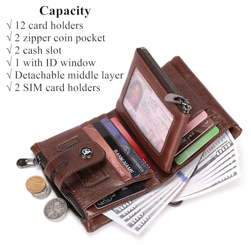 BULLCAPTAIN Bifold Mens Wallet with Chain Genuine Leather RFID Blocking Wallets Removable Zipper Coin Purse with ID Window (brown)3