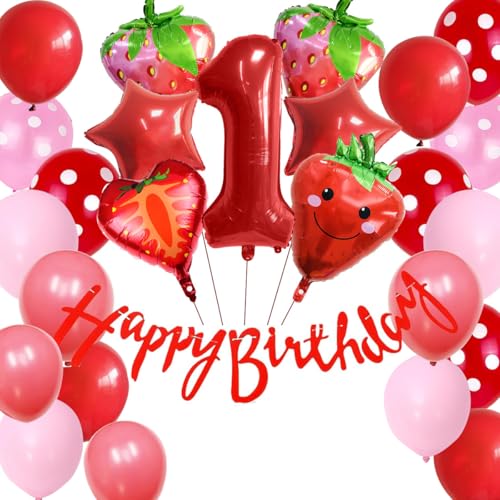 バルーン 誕生日 1歳 風船セット HAPPY BIRTHDAY バースデー ガーランド バースデー 飾り付け 数字1 いちご 蝶結び 装飾 お祝い イベント 子ども 男の子 女の子 赤 レッド (1)