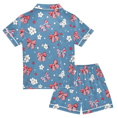ALAZA Red Bow Blue Flower Satin Pajamas Set Short Sleeve Button Down Sleepwear Summer Pjs 2 Piece2