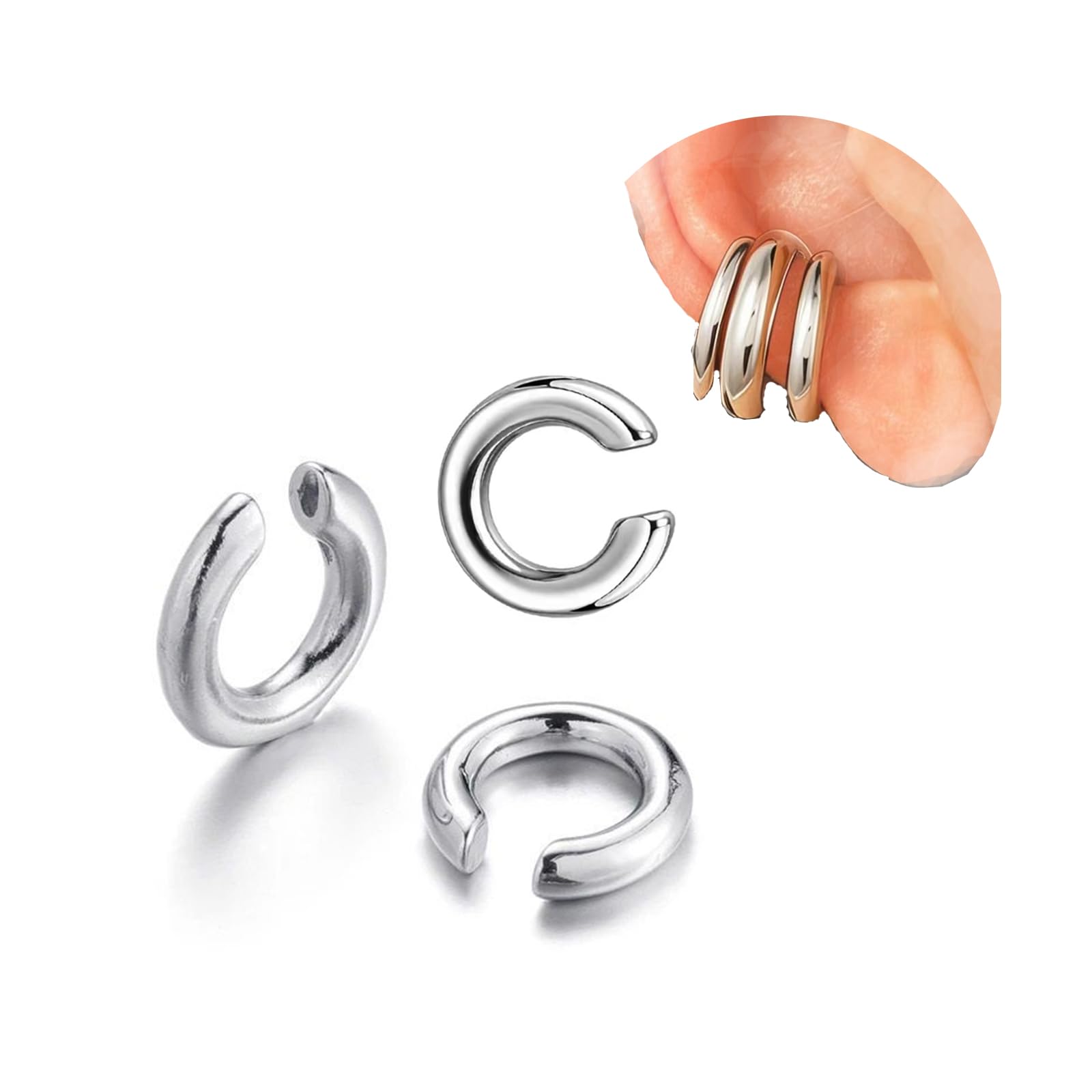 ZUWIJEQ Ear Cuff 3 Pezzi - Orecchini Non Piercing, Chunky Earcuff a Clip per Ragazze, Ipoallergenici, Regalo di Gioielli, Argenteo