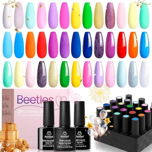 beetles Gel Polish Nail Set 20 Colors Alluring Sweetie Collection Nude Pink Purple Glitter Red Manicure Kit with Base Glossy and Matte Top Coat