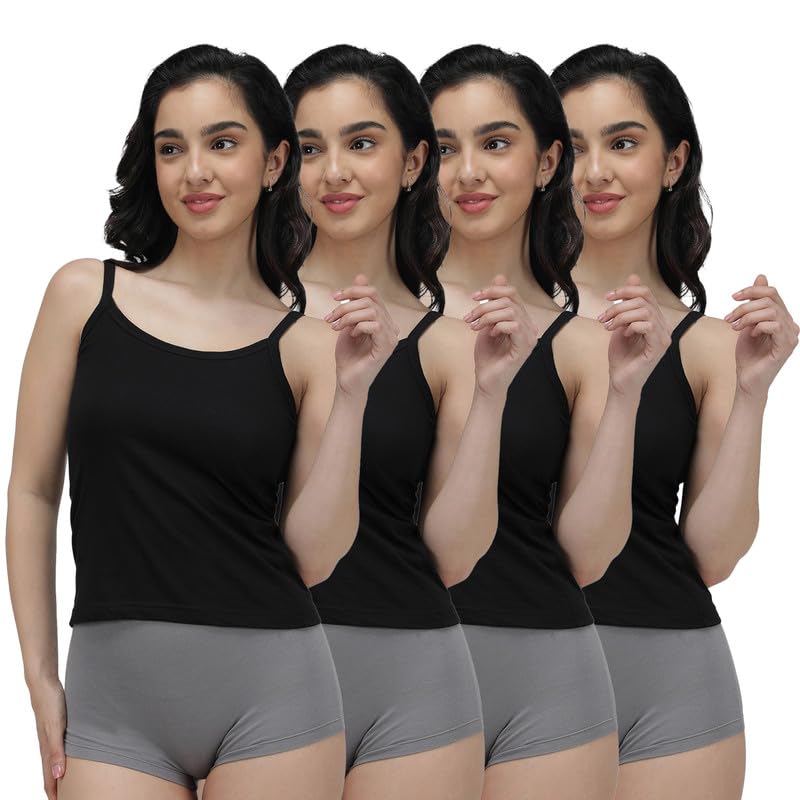 Image of Amul Comfy Women's Pure Cotton Camisole with Fabric Strap and Stay Fresh Treatment Pack of 4(Assorted Colours May Vary)