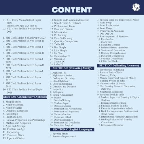 Image of PW All in One SBI Clerk Prelims and Mains 2025-26 Exams | Chapterwise Theory & Exercise and 10 Previous Year Solved Papers (PYQs) 2018 - 2024 with 5 Online Practice Sets [Paperback] PW